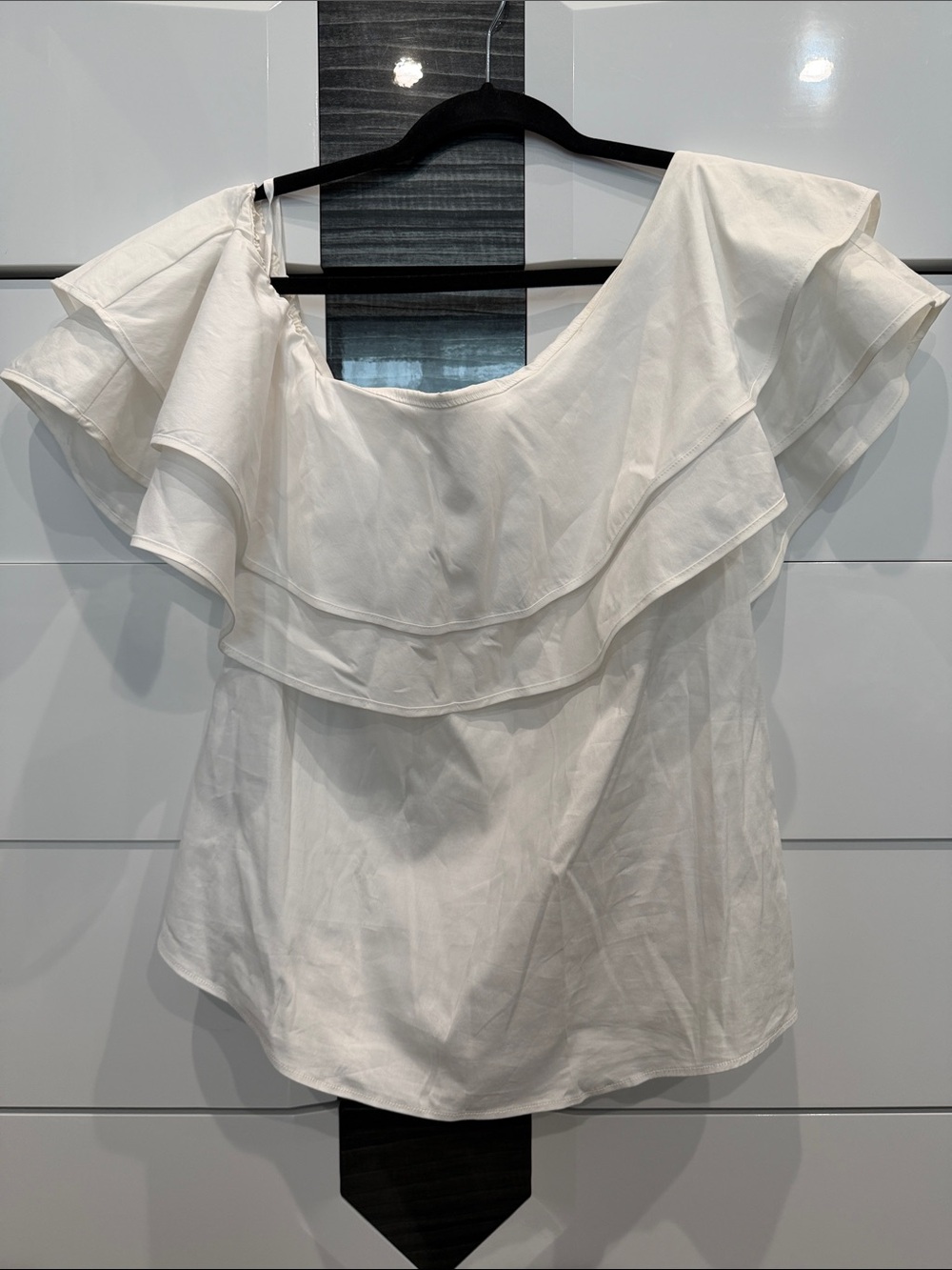 White House Black Market White Ruffled One-Shoulder Top